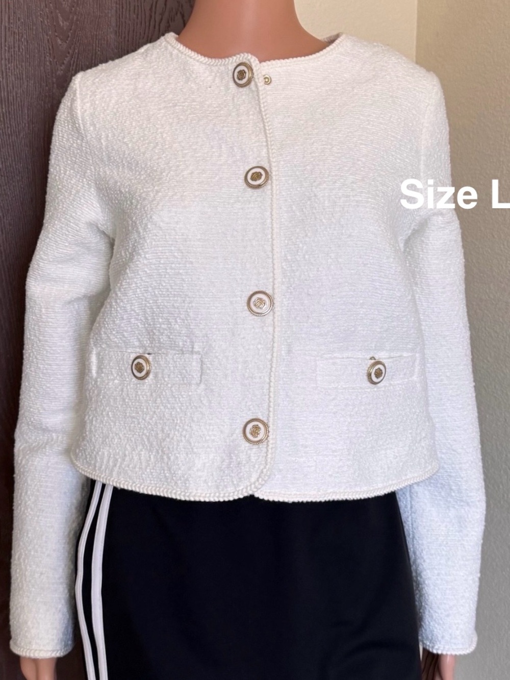 Free Assembly Women's Collarless Nubby Jacket with Long Sleeves, Size Large